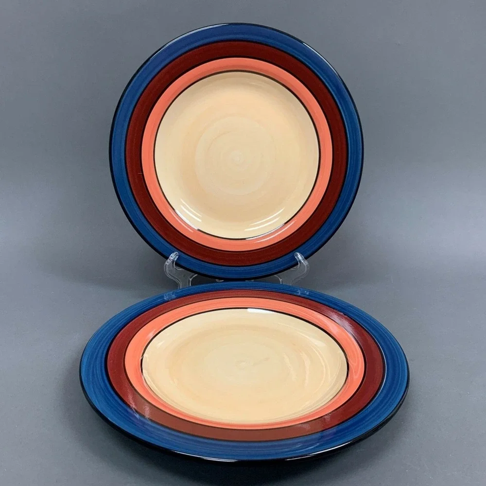 Living Art Brighton Dinner Plates Multi-color Blue Beige Red‎ Orange Lot of 2
